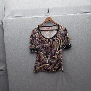 Joyous & Free Womens Printed Top With Beaded Cuffs Size M 90% Cotton 10% Spandex